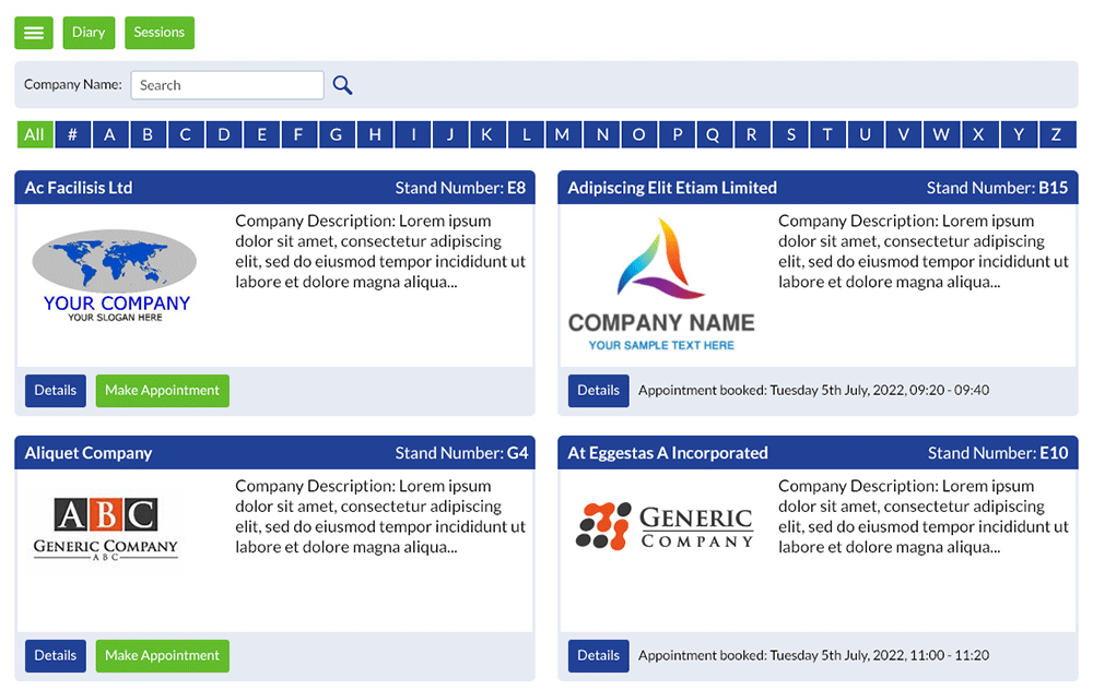 View an exhibitor list using the EventReference diary system